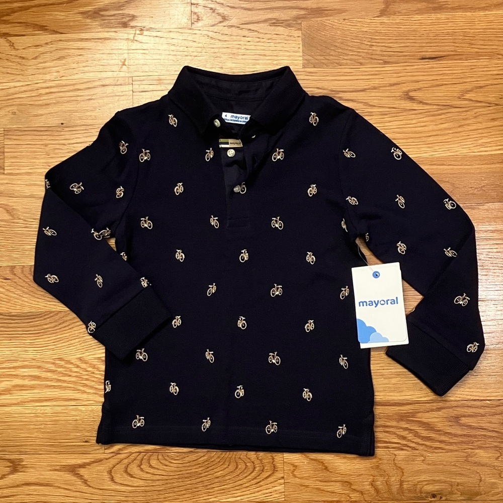 NWT Mayoral Boys Size 4 Dark Blue Polo with Bicycle Design